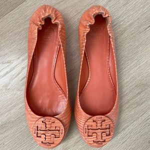 Tory Burch Classic Reva Patent Lizard Print Leather Ballet Flats. Tart orange.